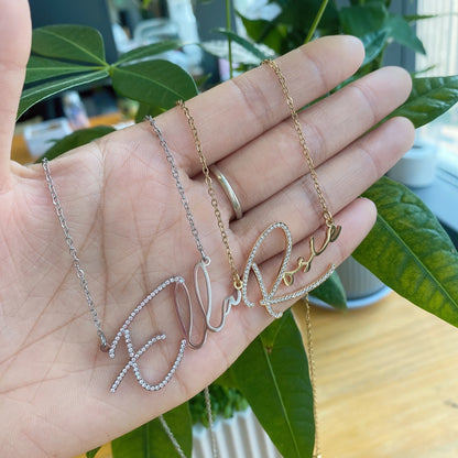 Qitian Personalized Signature Dainty Diamond Name Necklace Stainless Steel Handmade Custom Name Zircon Crystal Jewelry For Women