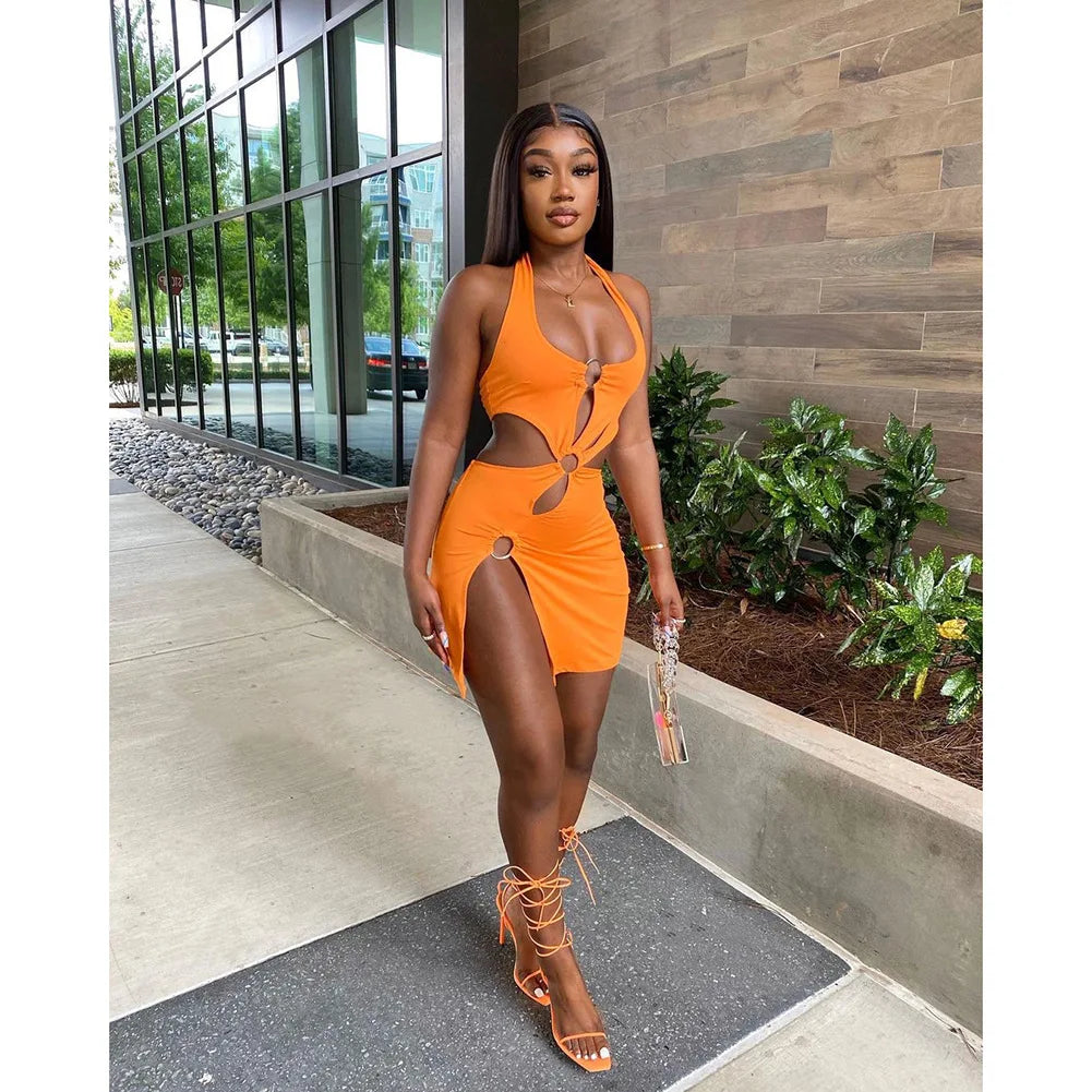 2026 Summer New Halter Dresses Sexy Slim Women's Dress Sleeveless Backless High Split Elegant  Dres Party Club Hollow Mini Skirt