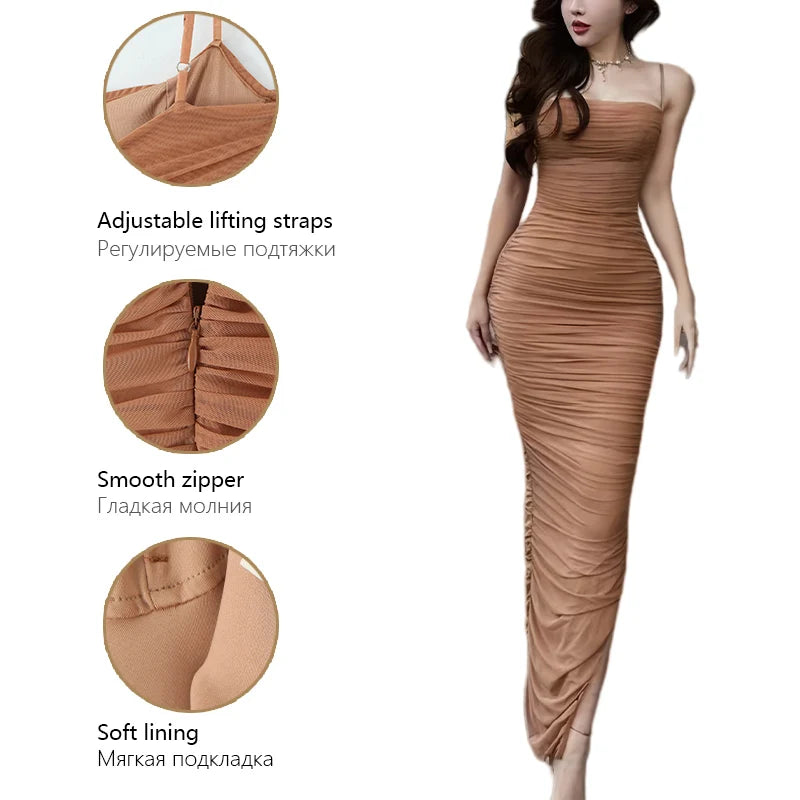 Womens Dress Mesh Ruched Slim Fit Long Spaghetti Strap Elegant Dress Must Have For Elegant Parties And Evening Banquets
