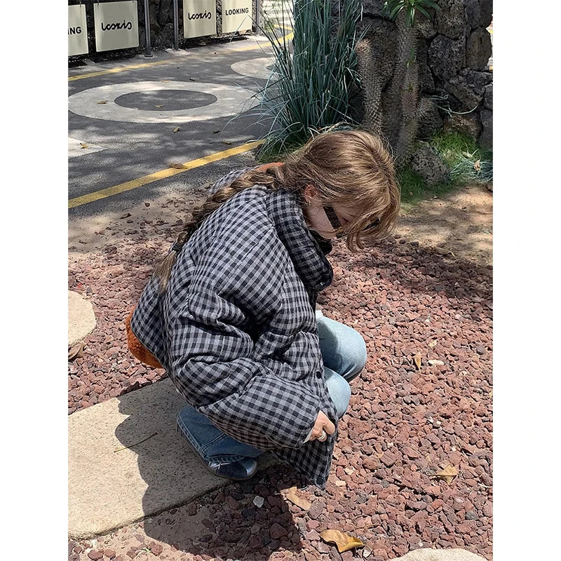 MEXZT Short Plaid Parkas Women Streetwear Stand Collar Puffer Jacket Winter Korean Down Coats Fashion Cotton Padded Outerwears