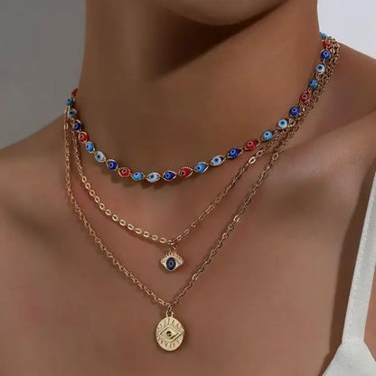 Boho Lucky Multi-layers Crystal Evil Eye Pendant Necklace For Women Geometric Round Charm Clavicle Chain Beach Jewelry