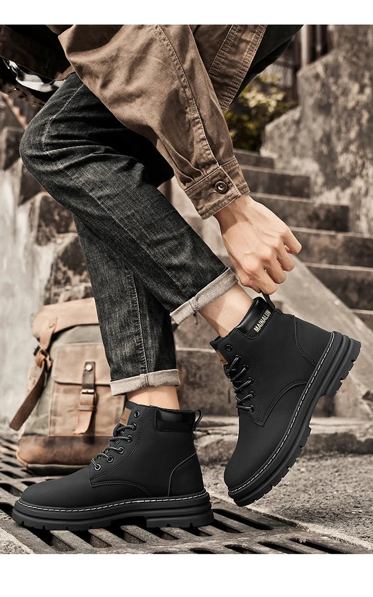 Classic Men High Top Boots High Quality Yellow Leather Boots Fashion Outdoor Sneakers Men Lace Up Non-Slip Ankle Boots for Men