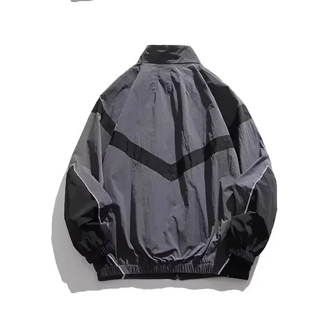 Trendy American Style Zippered Hooded Jacket Men's Loose Fit Casual Autumn Fashion Thin Jacket Reflective Patchwork Stand Collar