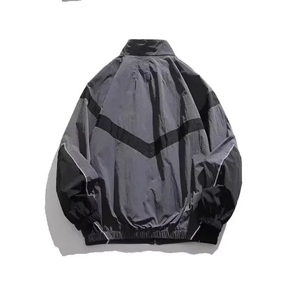 Trendy American Style Zippered Hooded Jacket Men's Loose Fit Casual Autumn Fashion Thin Jacket Reflective Patchwork Stand Collar