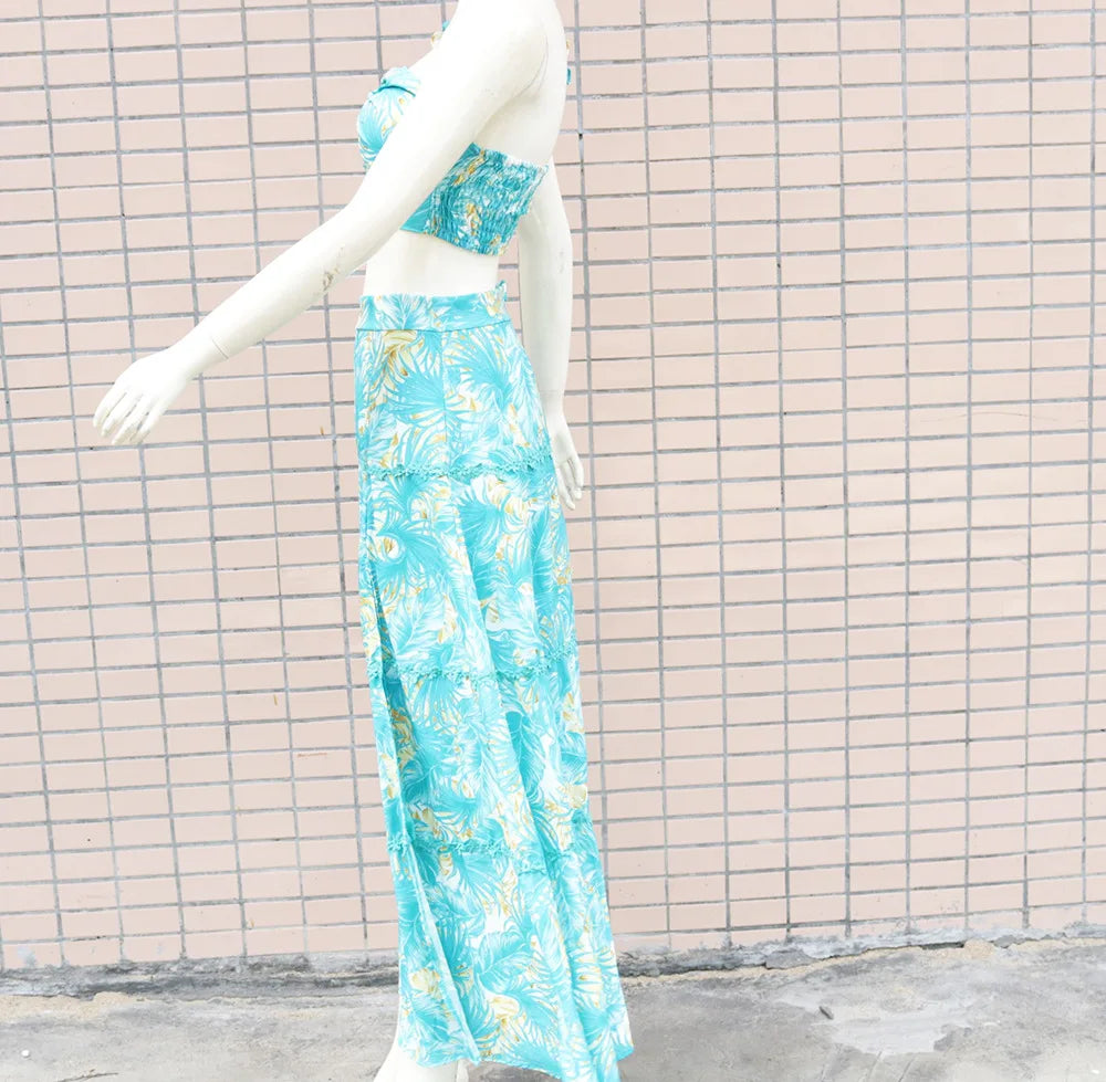 Ruffles Shoulder Two-piece Low Cut Top Leaf Print Skirt for Vacation