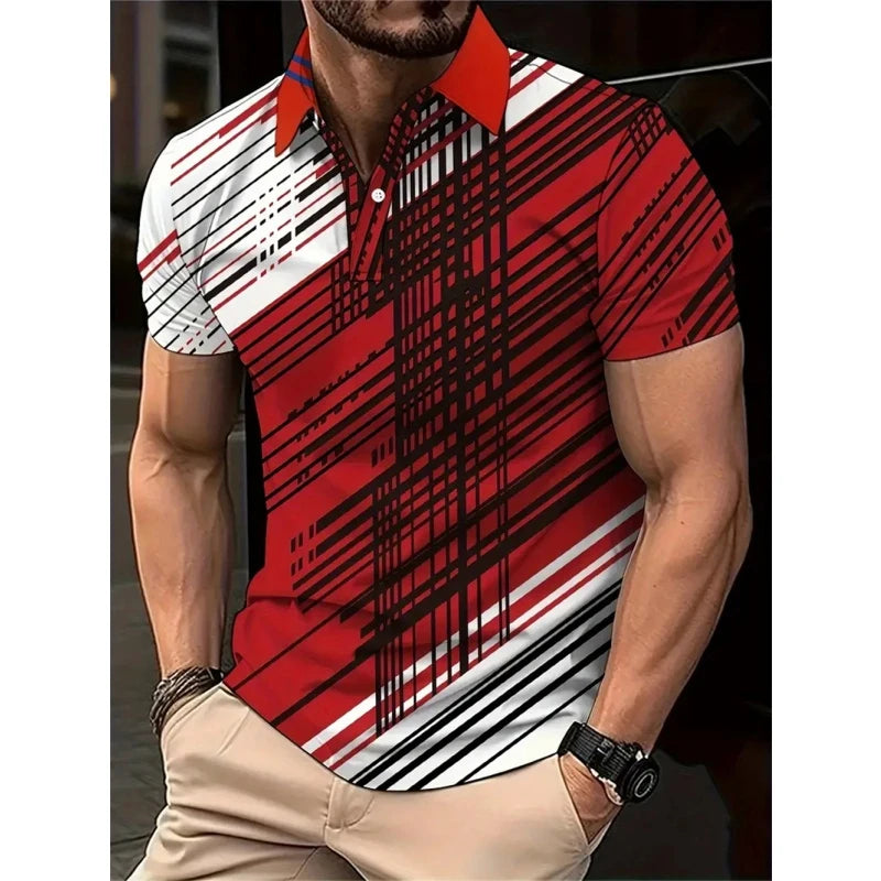 New 3D Printed Colorful Striped Man Polo Shirts Geometric Color Block Pattern Men's Clothes Shirt Casual Lapel Short Sleeve Tops