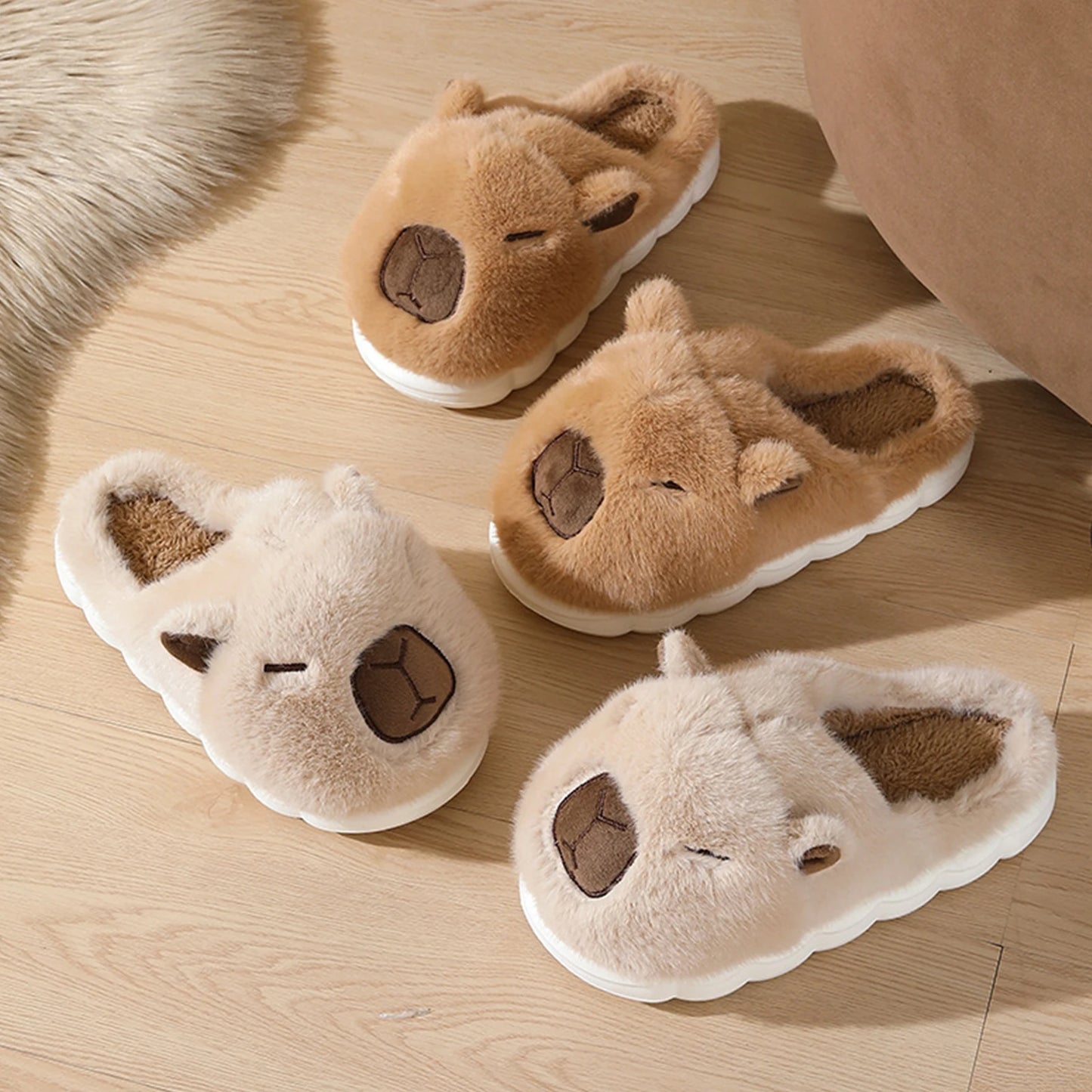 Capybara Flat Thermal Slippers Anti Slip Warm Slip-On House Shoes Half-Covered Soft Plush Slippers for Winter Autumn