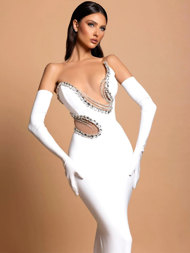 Women Mermaid Sexy White Sleeveless Bandage Long Dress Mesh Backless Strapless Diamonds Bodycon Party Evening Wedding Gowns