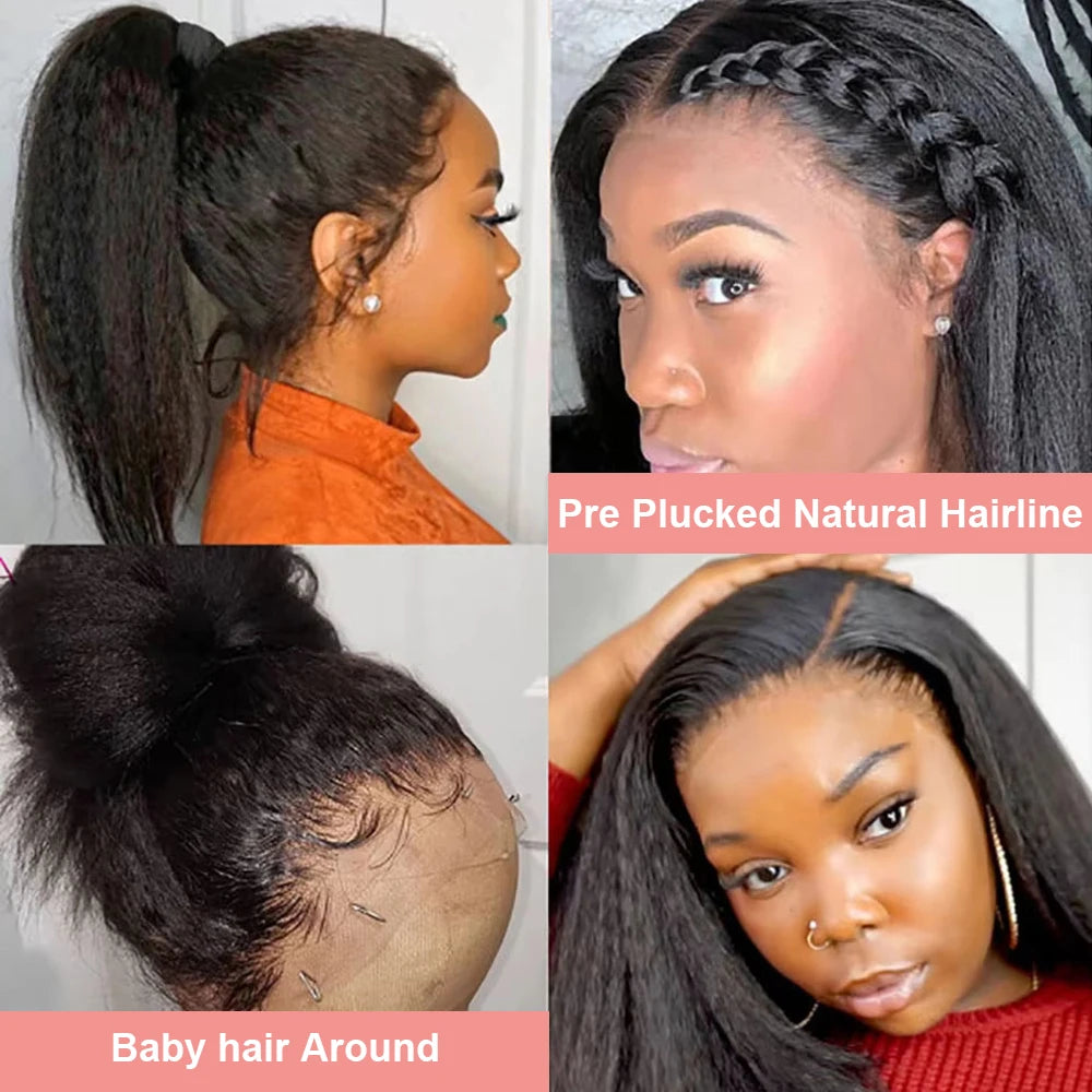 13x6 Kinky Straight Lace Front Human Hair Wig With Kinky Edges Baby Hair 360 Transparent Lace Yaki Straight Human Hair Wigs
