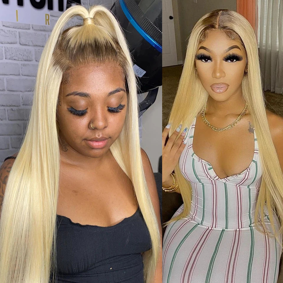 13x6 Blonde Colored Lace Front Human Hair Wigs Platinum With Brown Roots Pre-Plucking Transparent Lace Frontal Wig For Women