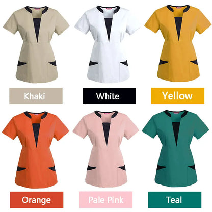 Women's Embroidered Scrub Top Nursing Uniform Blouse Short Sleeve Working Top with Pockets Personalized with your Text