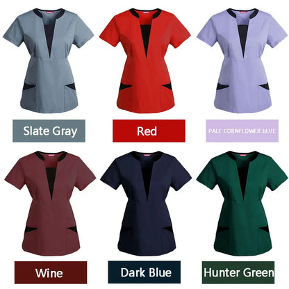 Women's Embroidered Scrub Top Nursing Uniform Blouse Short Sleeve Working Top with Pockets Personalized with your Text