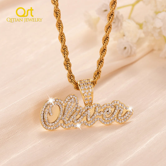 Personalized Iced Out Necklace With Name For Women Custom Double Crystal Name Necklaces Stainless Steel Chain Pendant Jewelry