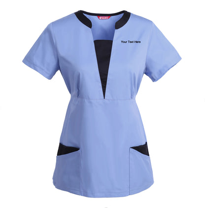 Women's Embroidered Scrub Top Nursing Uniform Blouse Short Sleeve Working Top with Pockets Personalized with your Text
