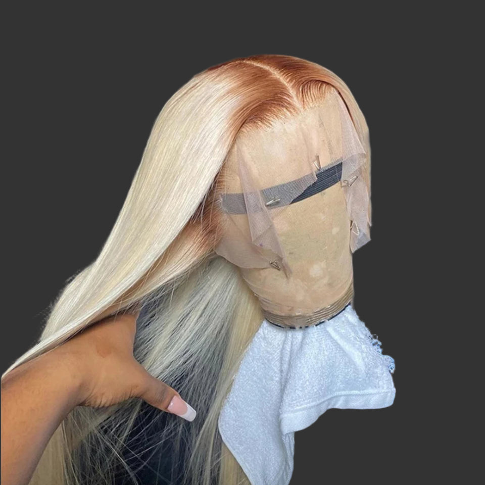 13x6 Blonde Colored Lace Front Human Hair Wigs Platinum With Brown Roots Pre-Plucking Transparent Lace Frontal Wig For Women