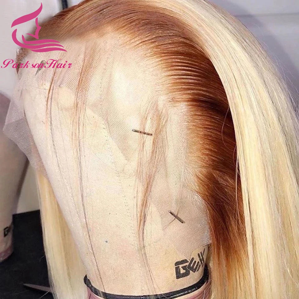 13x6 Blonde Colored Lace Front Human Hair Wigs Platinum With Brown Roots Pre-Plucking Transparent Lace Frontal Wig For Women