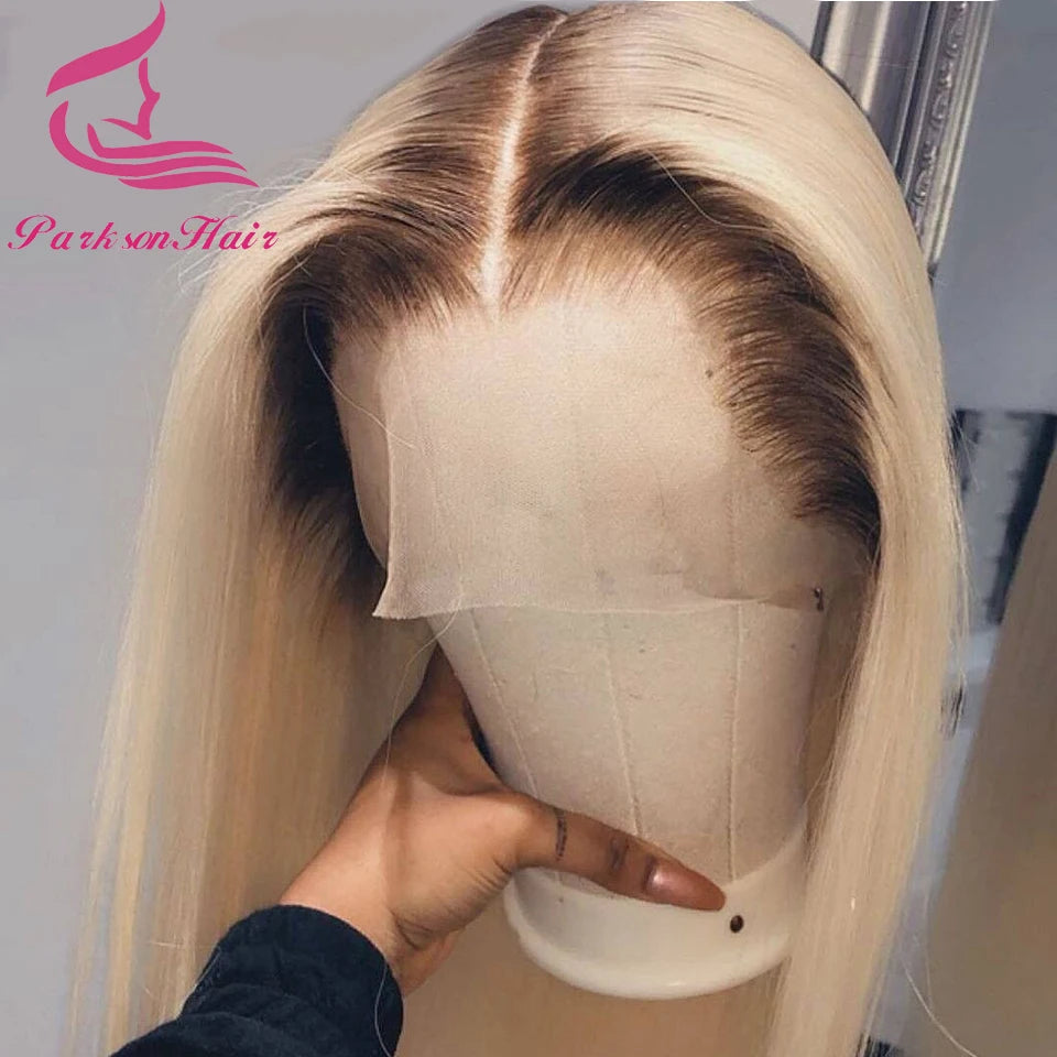 13x6 Blonde Colored Lace Front Human Hair Wigs Platinum With Brown Roots Pre-Plucking Transparent Lace Frontal Wig For Women