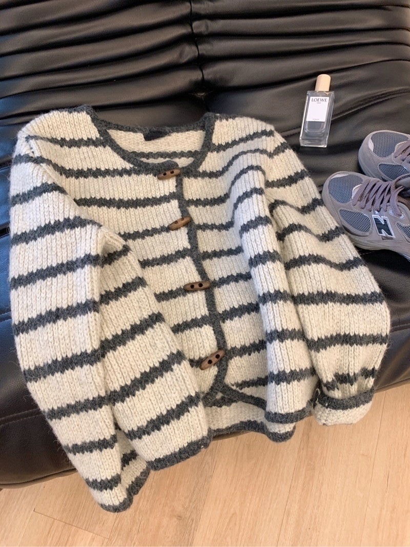Women's Horn Button Vintage Stripe Knitwear Coat