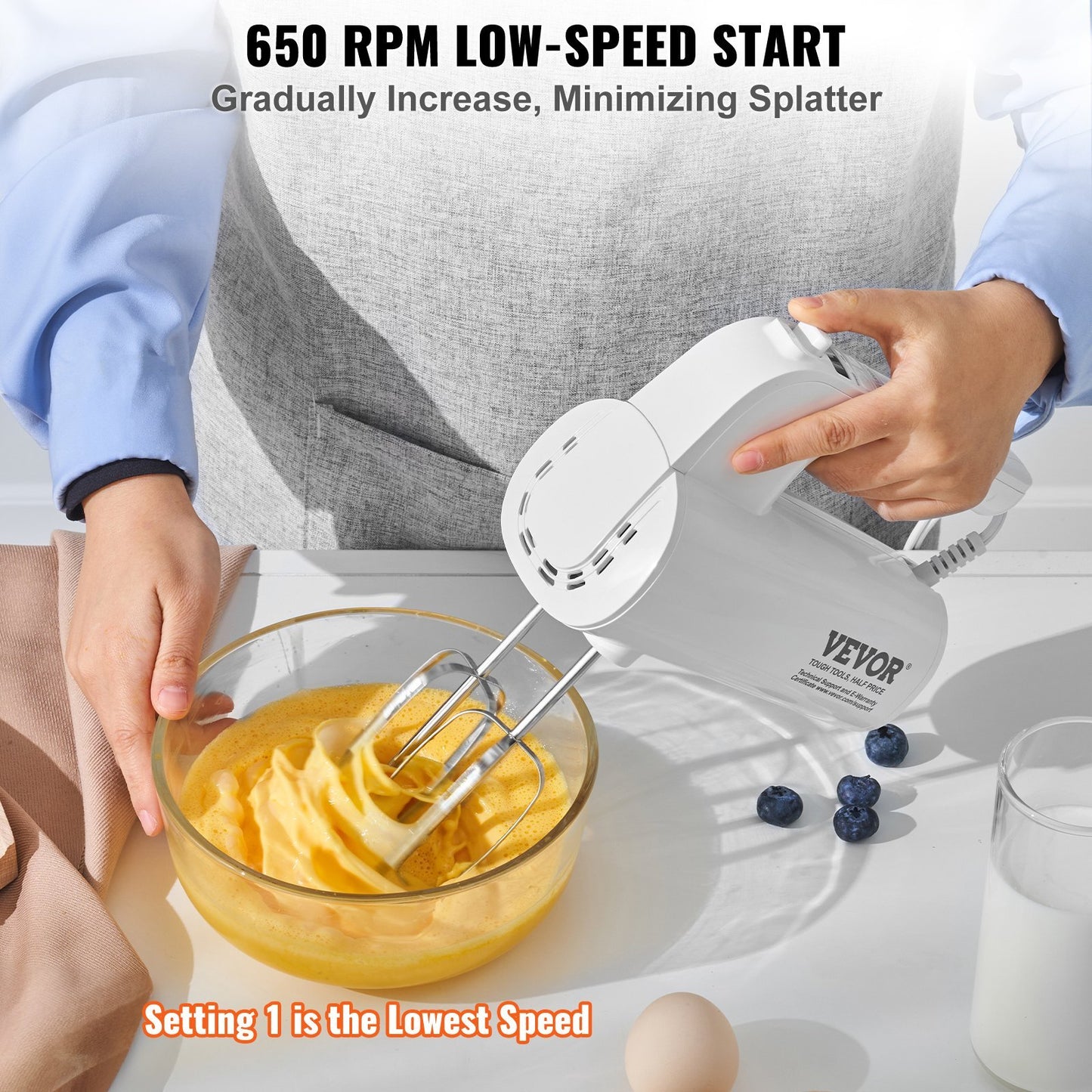 VEVOR Digital Electric Hand Mixer, 5-Speed, 200W Portable Electric Handheld Mixer, With Turbo Boost Beaters Dough Hooks Whisks Storage Bag, Baking Supplies For Whipping Mixing Egg Cookie Cake Cream