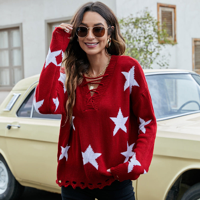 Women's Loose Drawstring Casual Five-star Brocade Sweater