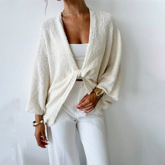 Women's Criss Cross Front Knit Sweater Long Sleeve Pullover, Loose Fit Twisted Design Fall Top