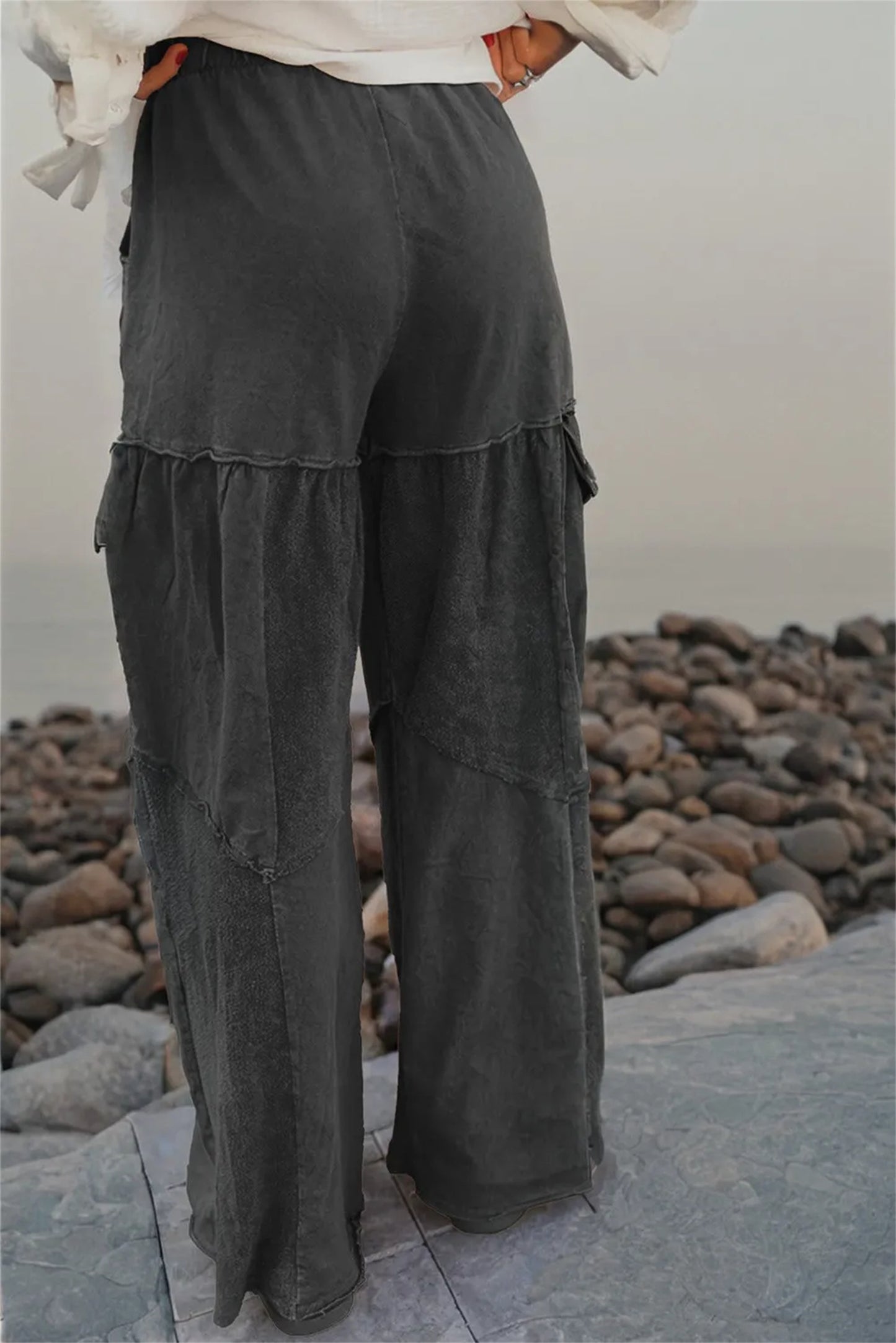 Black Mineral Wash Tiered Wide Leg Patchwork Drawstring Pants
