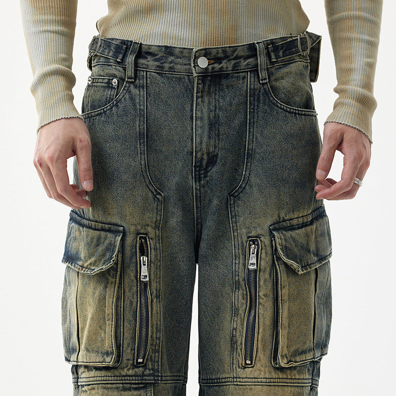 American Retro Multi-pocket Workwear Washed Jeans