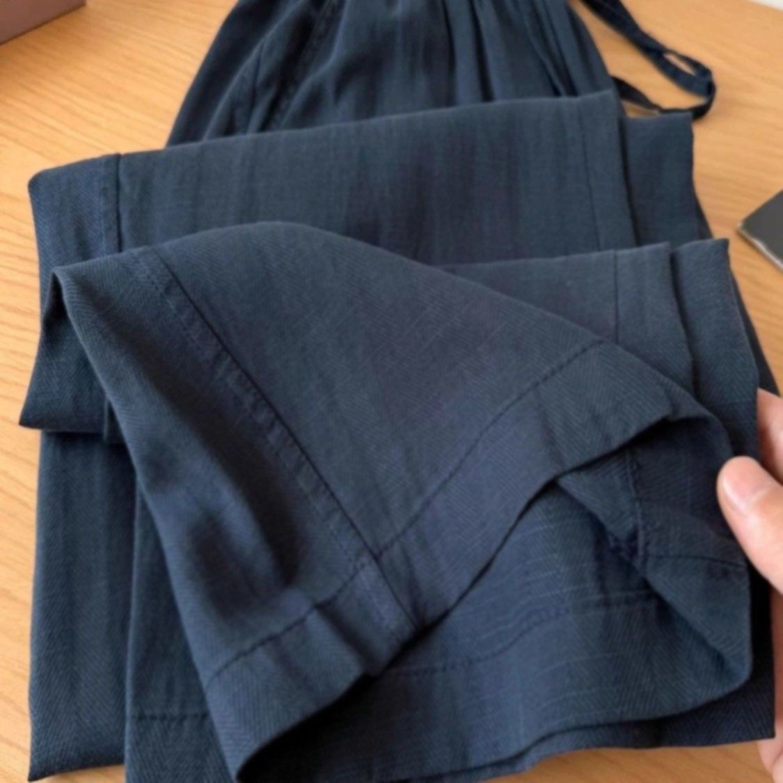 Blue Elastic Waistband Lace-up Cotton Linen Wide-leg Pants