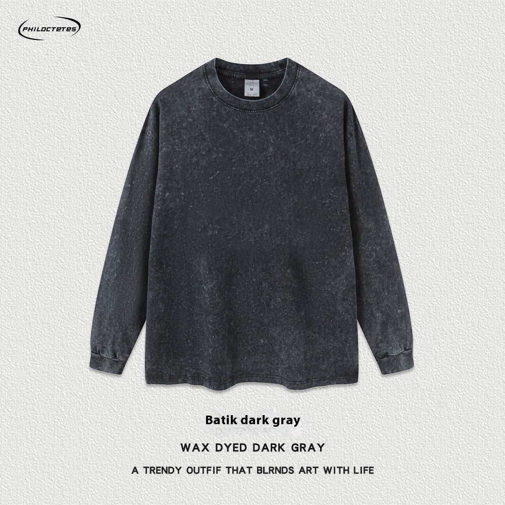 Spring Batik Long-sleeved T-shirt Retro Worn Looking Washed-out Loose Men's Top
