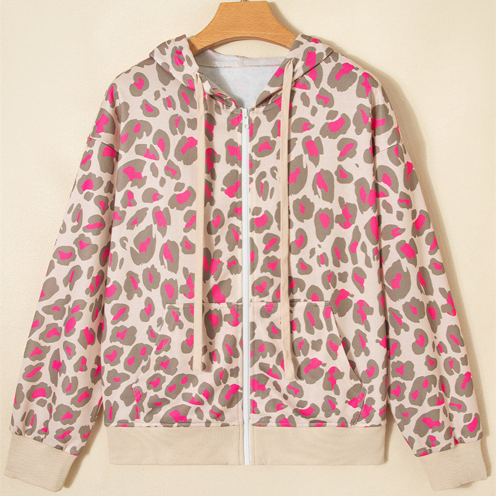 Women's All-match Rose Leopard Zipper Hooded Sweatshirt