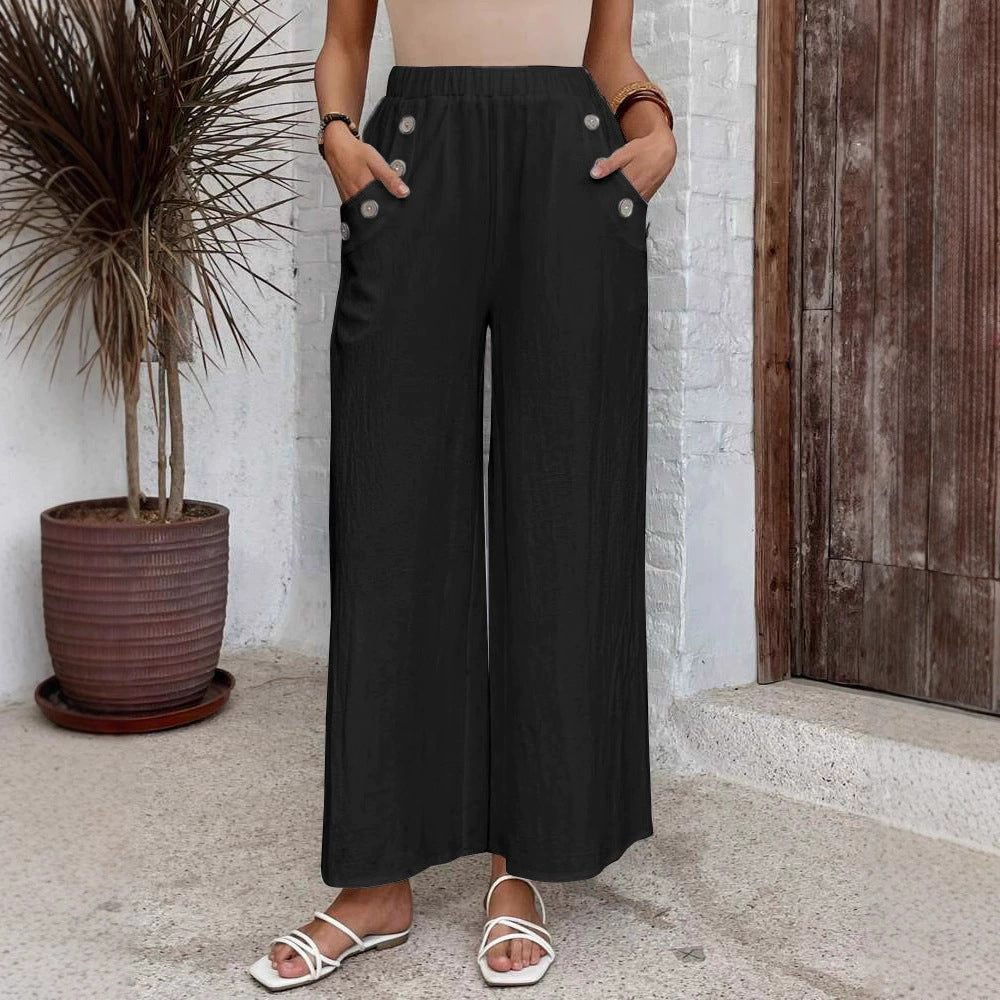 Women's Casual Elastic High Waist Loose Trousers Solid Color Wide Leg Pants