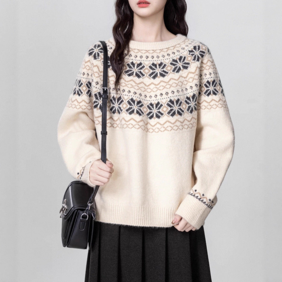 Women's Vintage Fair Island Woven Thickened Crew Neck Pullover Sweater