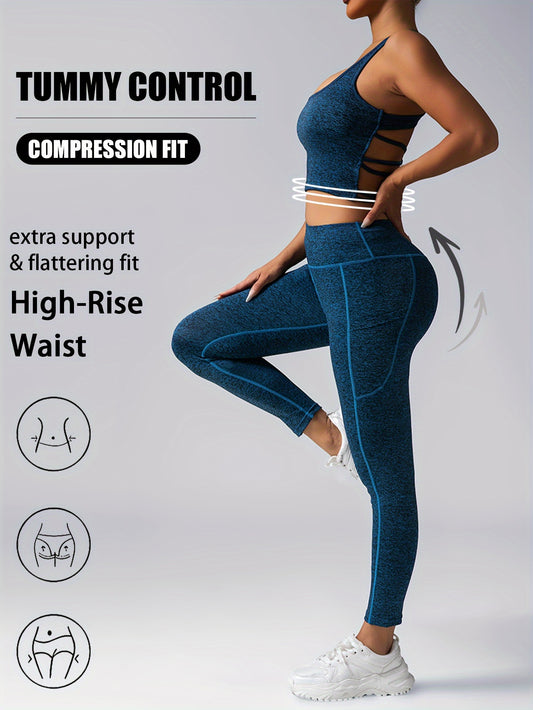 Women's Yoga Fitness Sports Pocket Set, 2 Piece Workout Set For Women Outfit Gym High Waist Leggings With Sport Bra