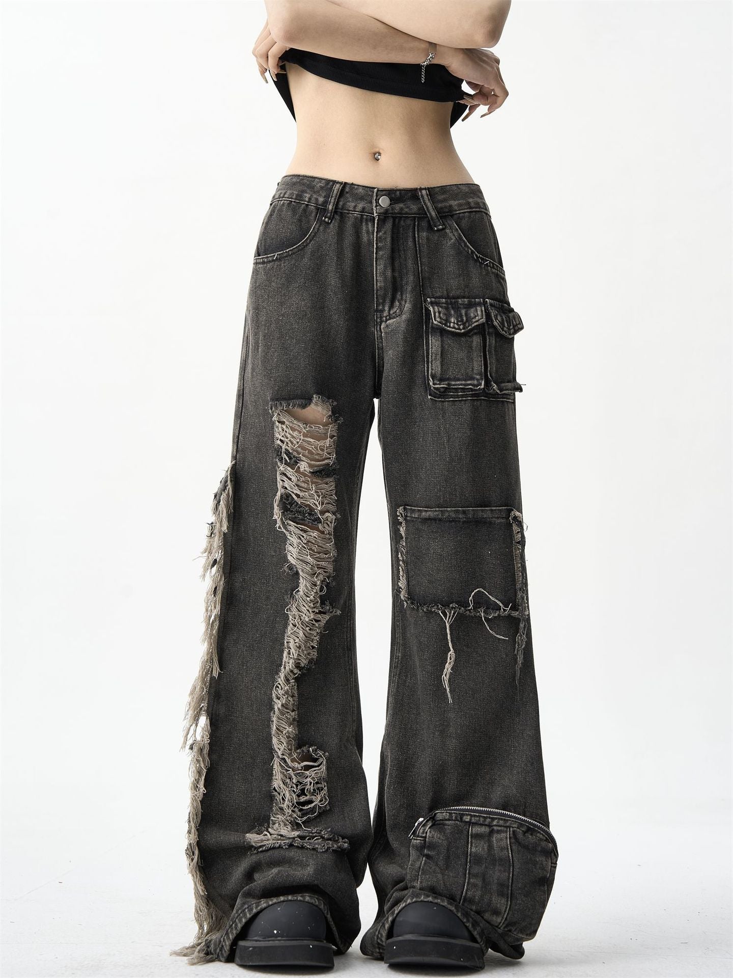 American High Street Niche Ripped Burr Cargo Jeans