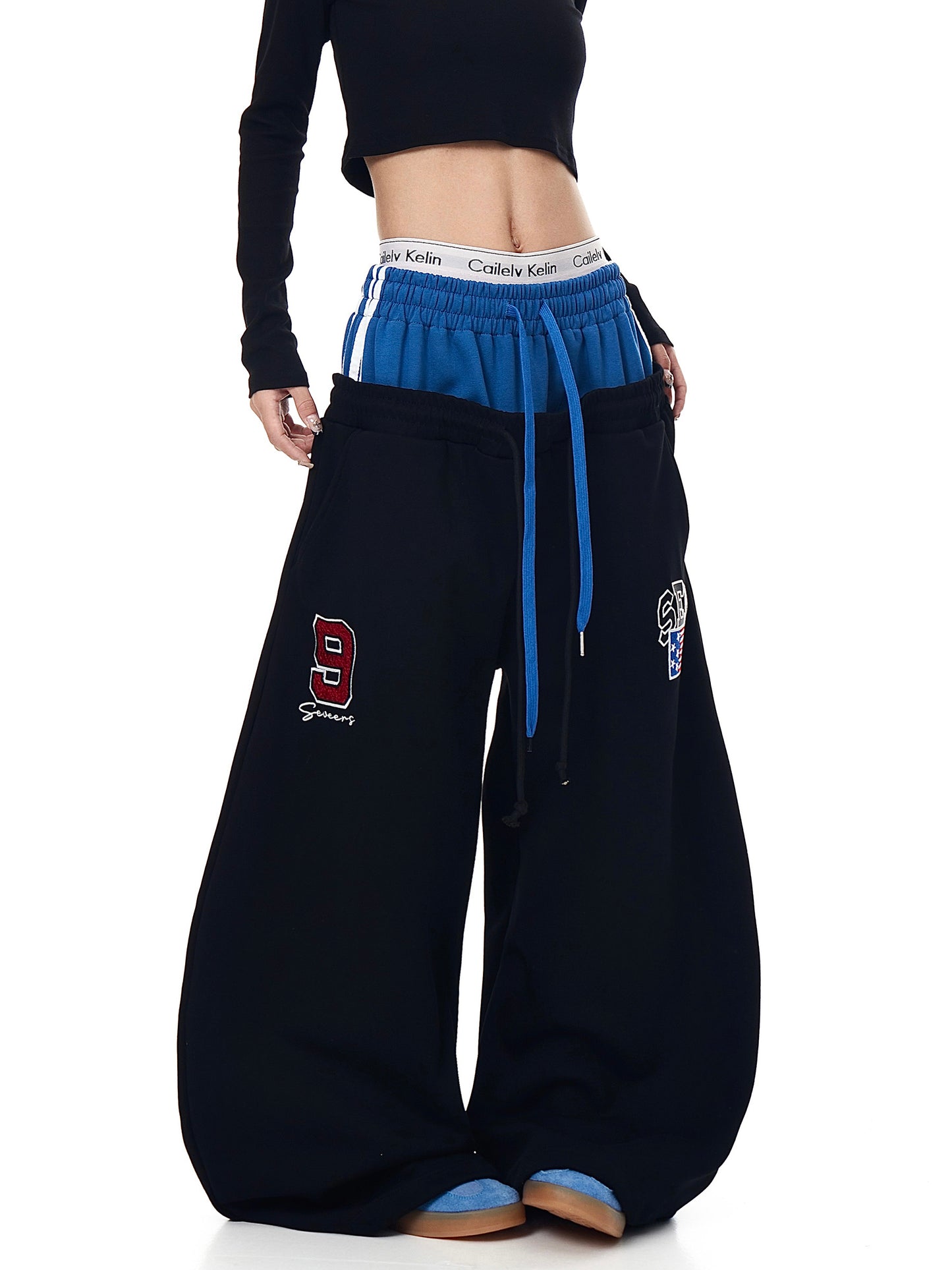 American-style Retro Double-waist Stitching Letter Curved Knife Sweatpants