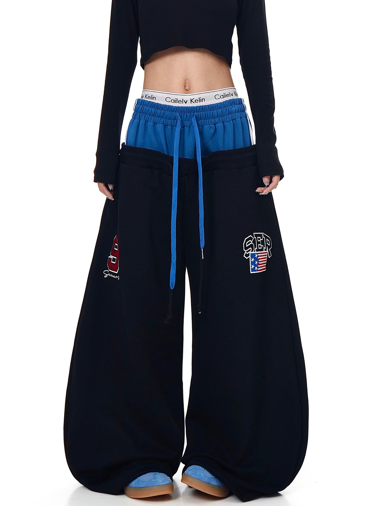 American-style Retro Double-waist Stitching Letter Curved Knife Sweatpants