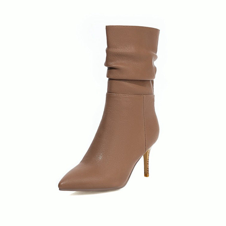 Women's Boots With Stiletto Heels And Short Pleated Mid-tube Boots