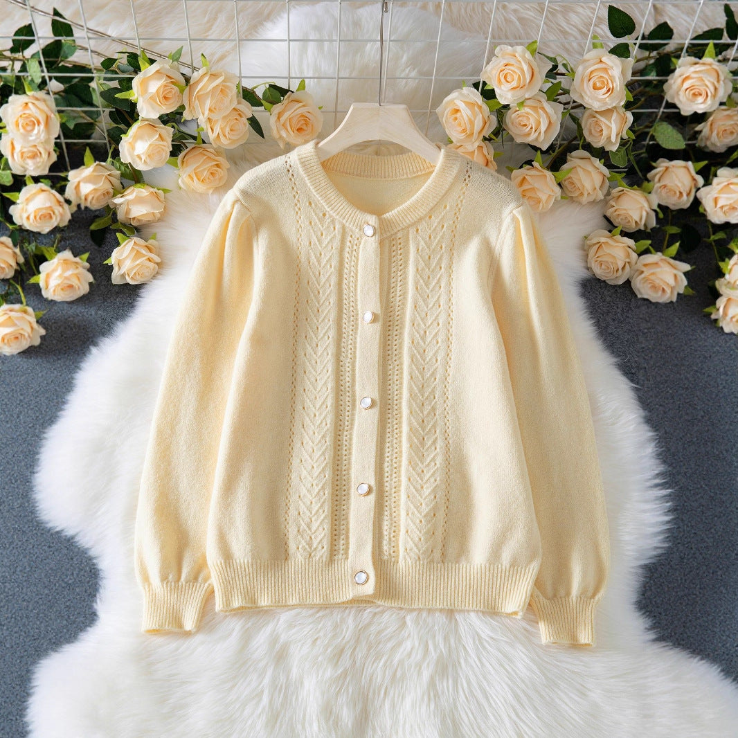Crocheted Hollow-out Long Sleeve Single-breasted Sweater Coat