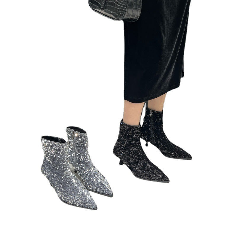 Pointy Toe Nude Boots Mid-heel Autumn And Winter Fashion Temperament Black High Heels