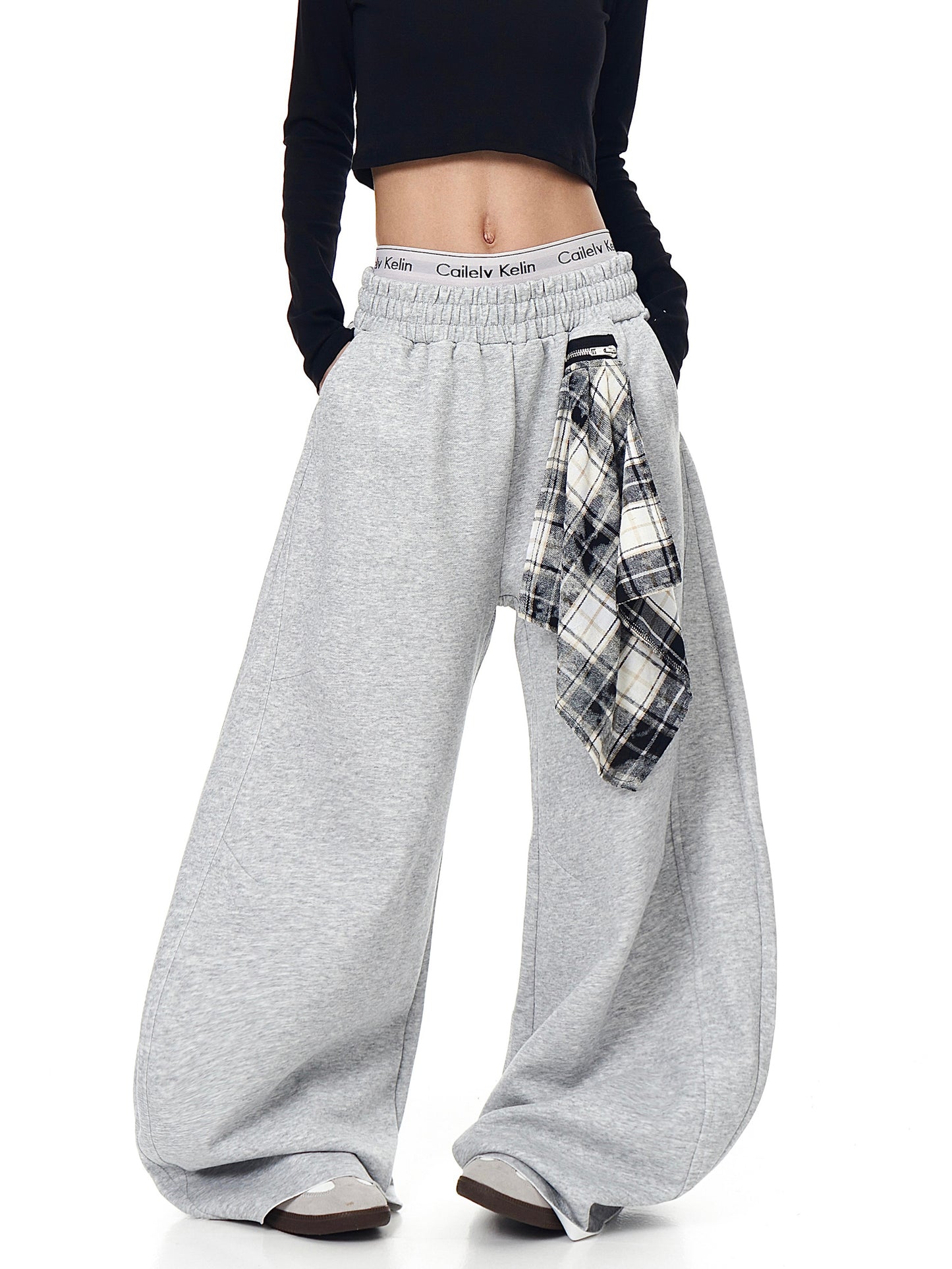 Retro Detachable Plaid Square Scarf Loose Wide-leg Pants