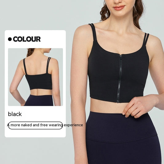 Double-shoulder Strap Front Zipper Yoga Vest Top