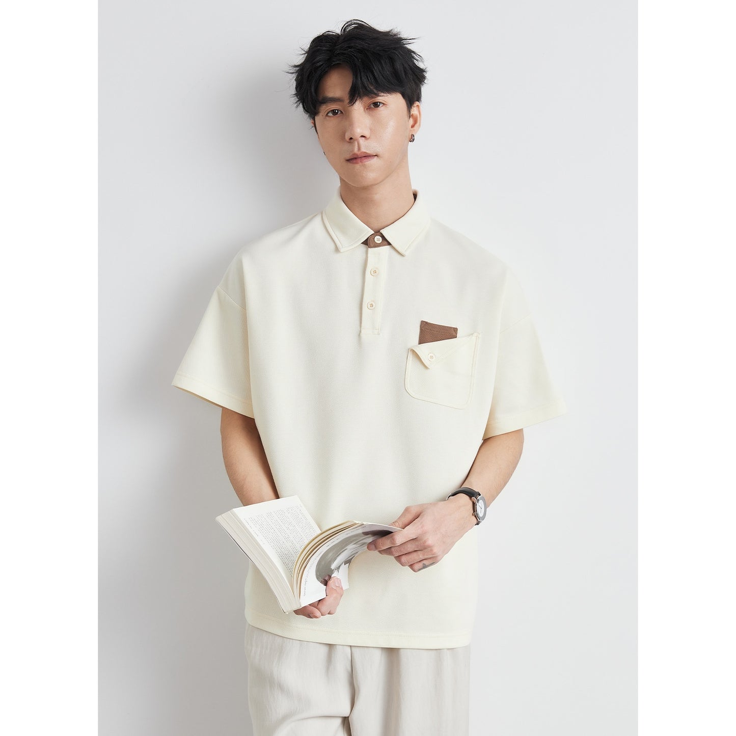 New All-matching T-shirt Men's Elbow-sleeved Top Polo Shirt Top