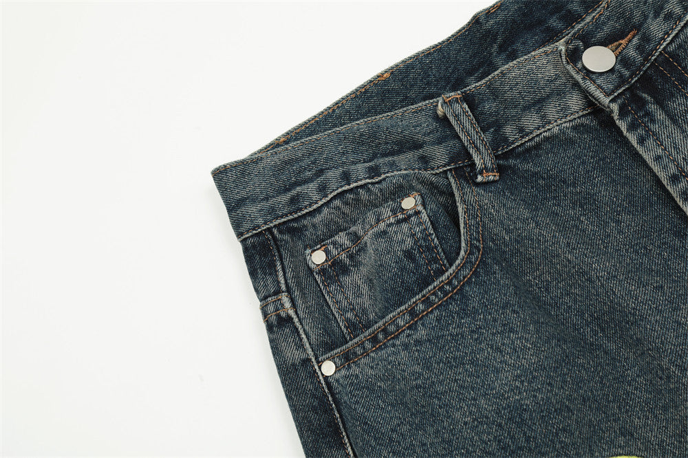 Embroidery Hole Slightly Flared Jeans Men
