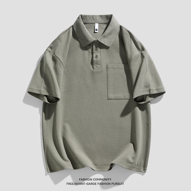 New Heavy Solid Color Pocket Polo Shirt Men's Elbow-sleeved Top Work Clothes