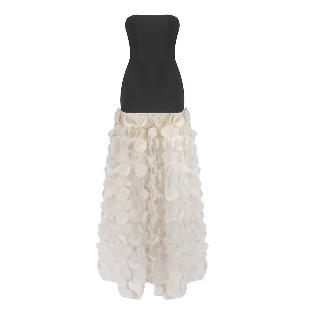Black And White Tube Top Three-dimensional Flower Pettiskirt Dinner Dress