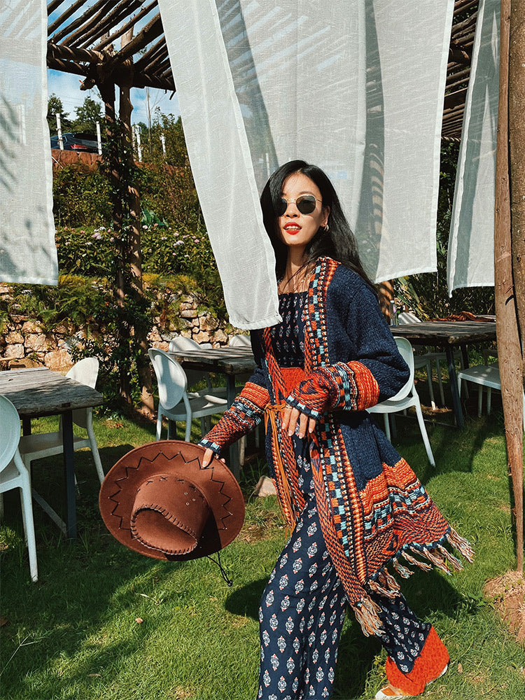 Boho Fringed Vintage Knitted Cardigan Women's Long Sweater Coat