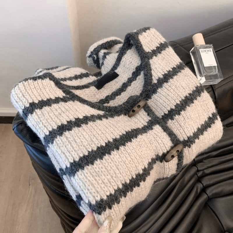 Women's Horn Button Vintage Stripe Knitwear Coat