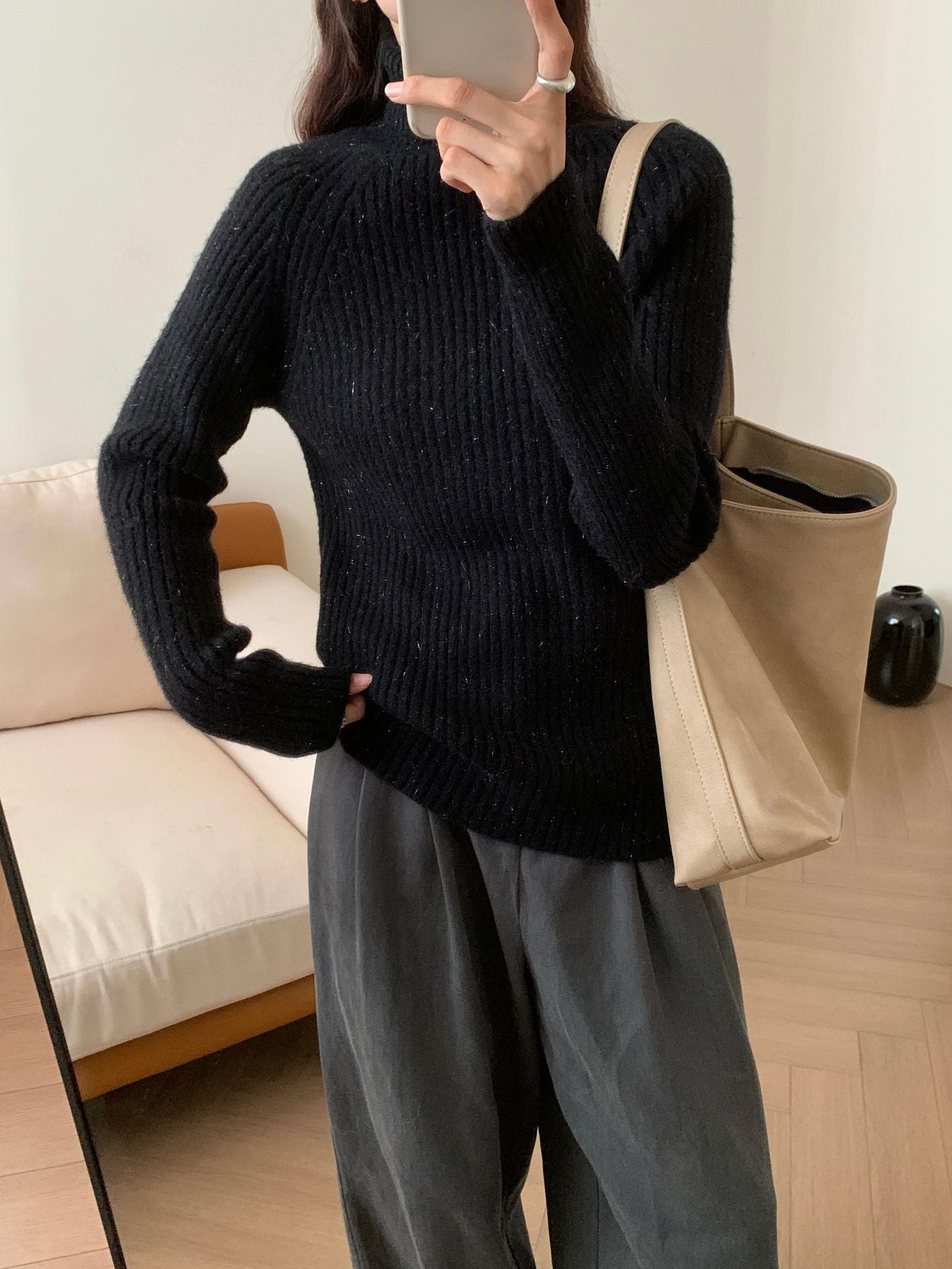 Women's Solid Color Shiny Soft Glutinous Loose Turtleneck Sweater