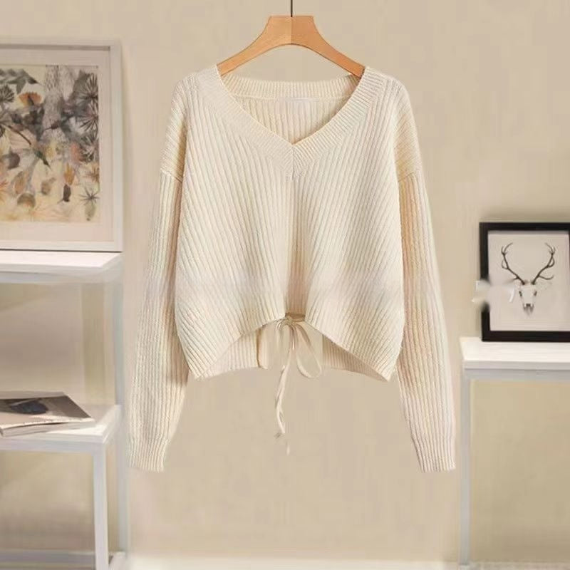 Sweater Women's Design Sense Niche Tied V-neck Sweater