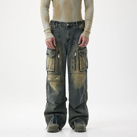American Retro Multi-pocket Workwear Washed Jeans